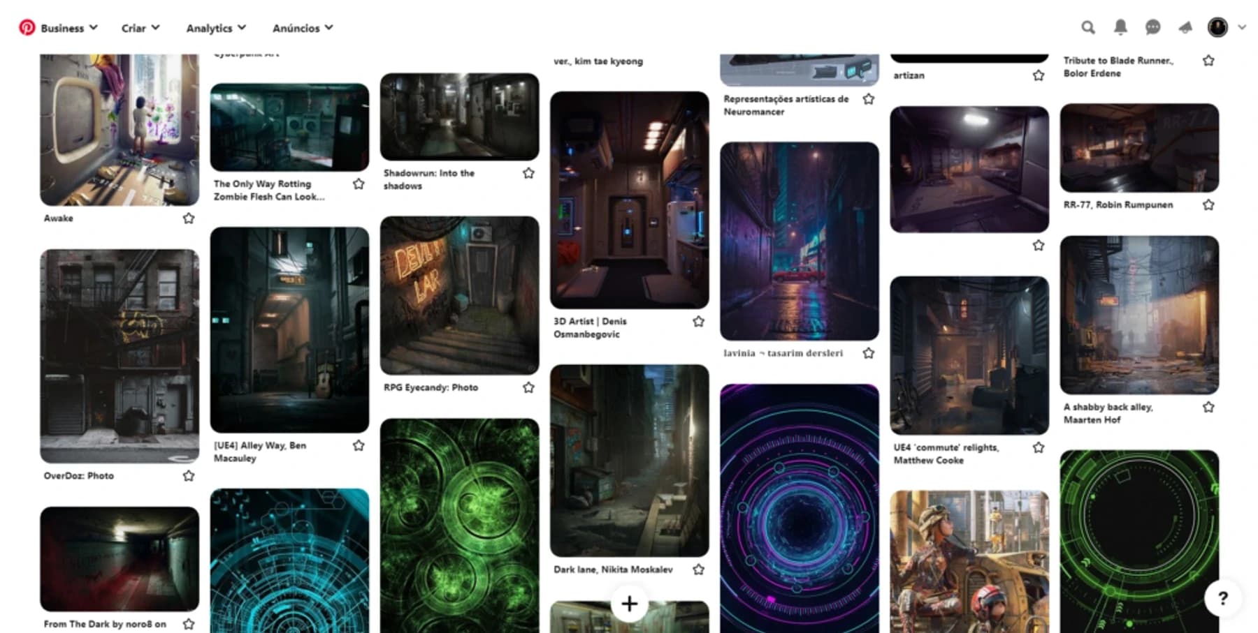 Captura de tela de um painel do Pinterest com várias imagens de becos e ambientes cyberpunk escuros e neon.