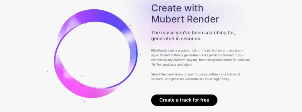 Página promocional do gerador de música Mubert Render com anel roxo e rosa e botão para criar trilha gratuita.