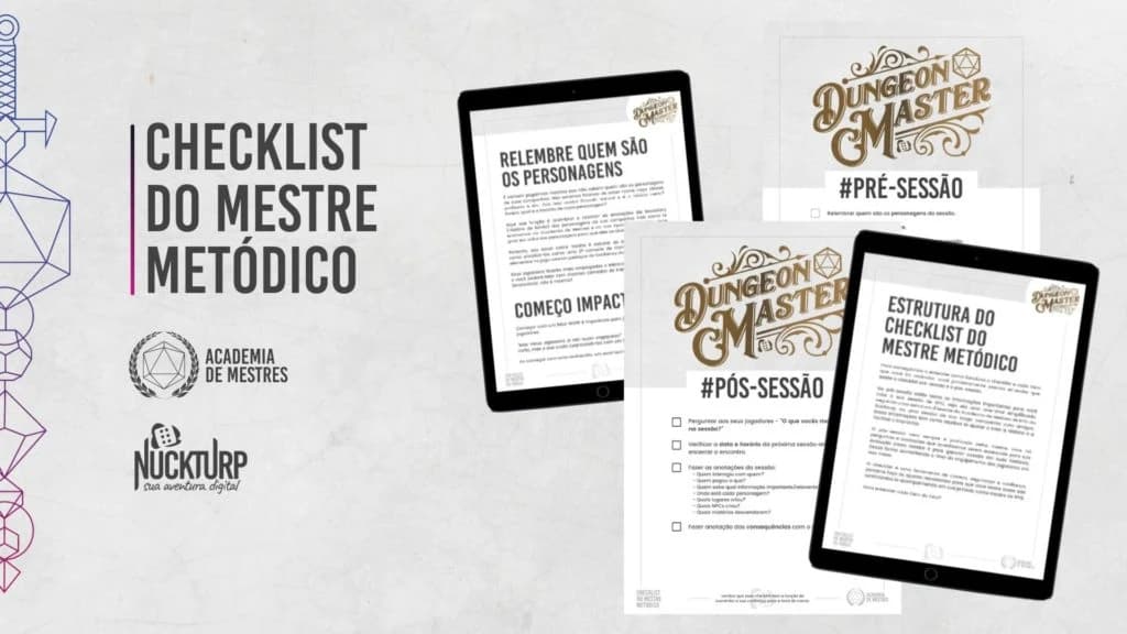 Arte promocional 'Checklist do Mestre Metódico' com tablets exibindo listas de pré e pós-sessão para mestres de RPG.