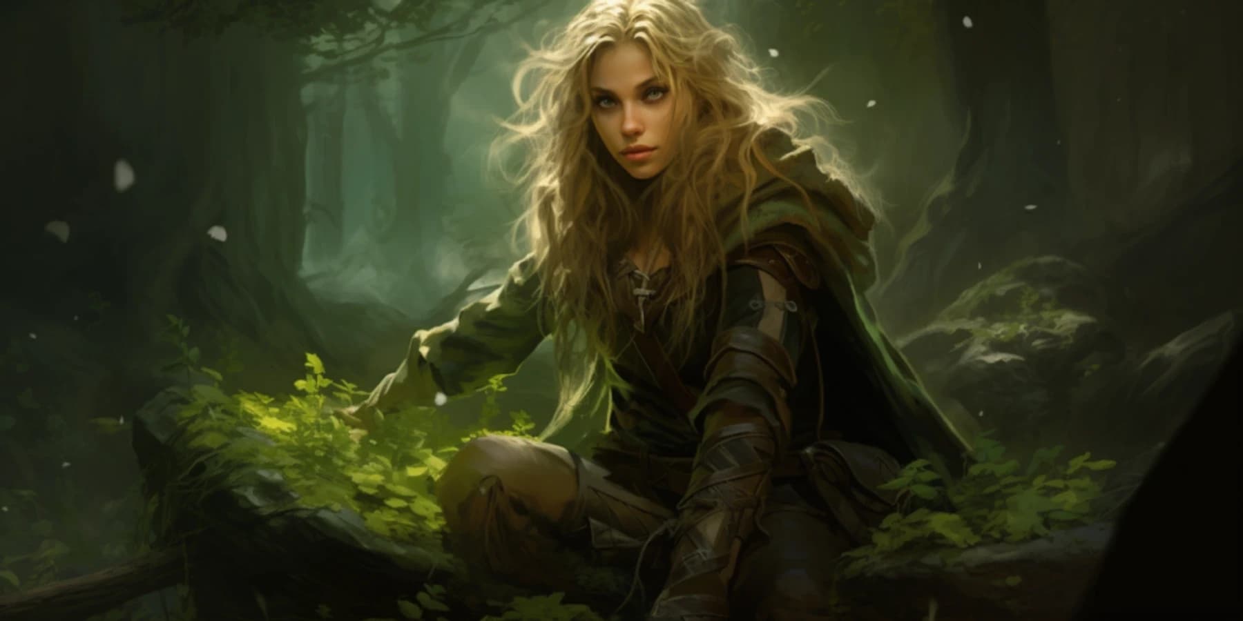 Uma patrulheira loira de capa verde agachada numa floresta enevoada.