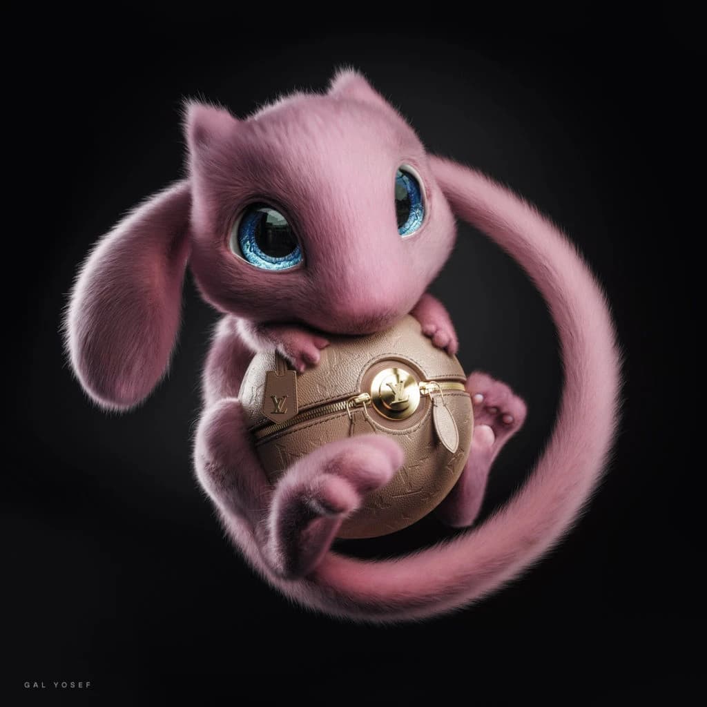 Criatura peluda rosa de olhos azuis grandes, estilo Pokémon Mew, abraçando uma bola dourada de grife em fundo preto.