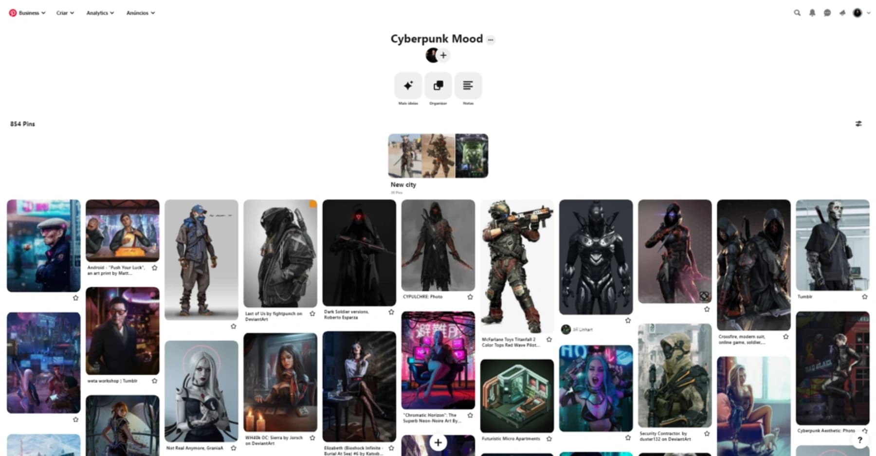 Captura de tela de um quadro do Pinterest chamado Cyberpunk Mood, com centenas de imagens de personagens e cenários futuristas.