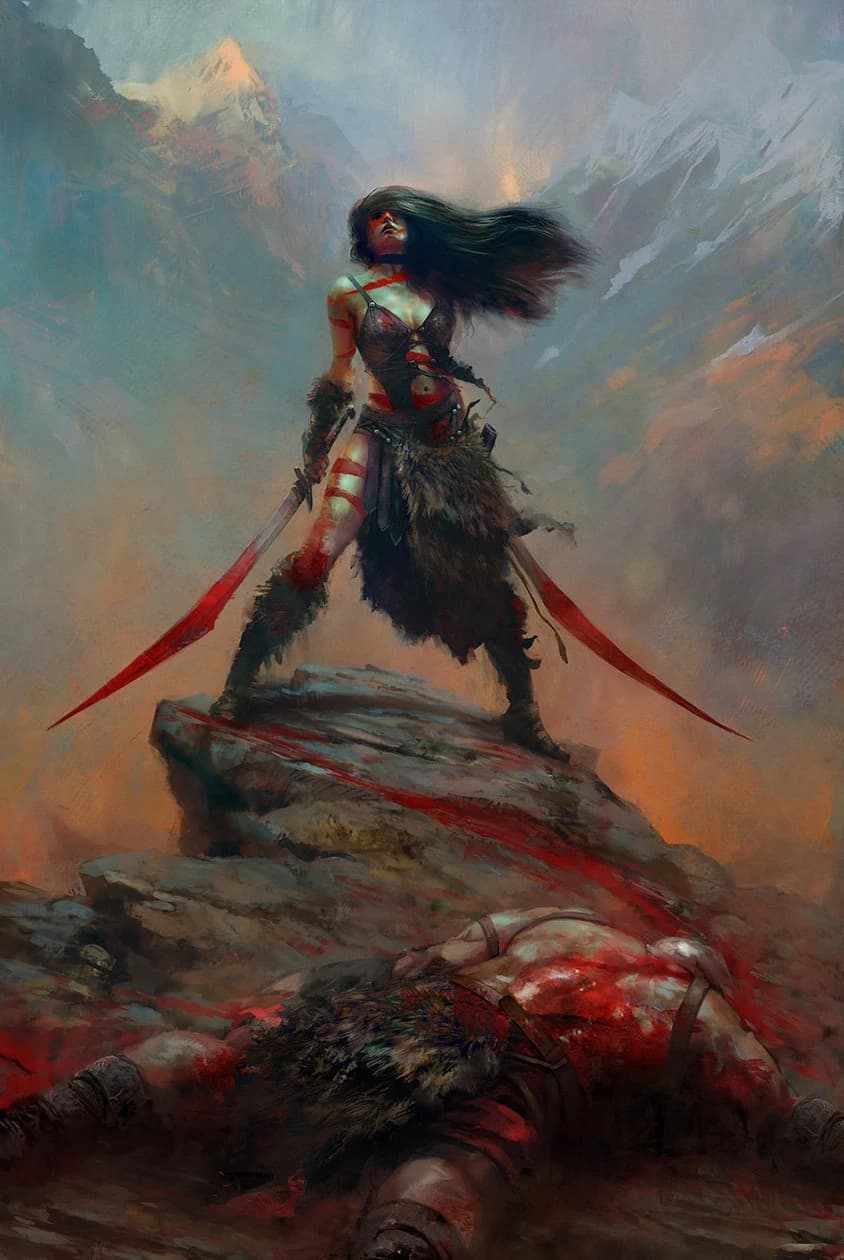 Ilustração de uma guerreira bárbara em armadura de peles, empunhando uma espada ensanguentada no alto de um rochedo, com um inimigo caído aos seus pés e montanhas nevadas ao fundo.