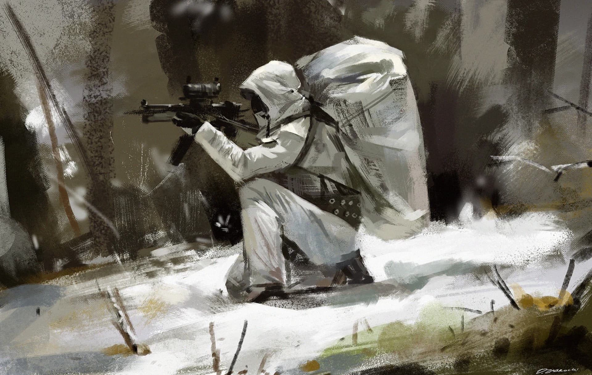 Cena pintada de um soldado em camuflagem branca de inverno, ajoelhado e mirando um rifle com luneta numa floresta nevada.