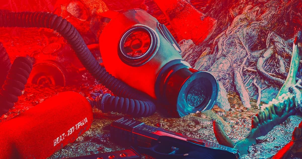Close com filtro vermelho de uma máscara de gás em meio a destroços, uma pistola e uma mandíbula de animal, na estética pós-apocalíptica de Melted Lands.