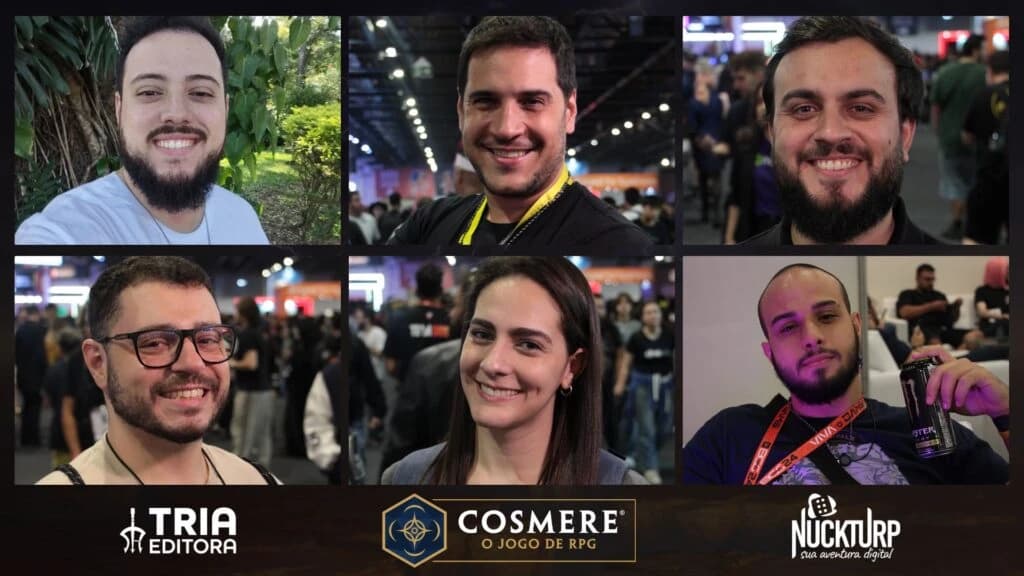 Colagem de seis retratos de pessoas sorrindo numa convenção de jogos, com os logos da Tria Editora e do Cosmere RPG.