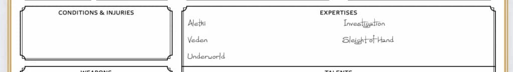 Trecho de ficha do Cosmere RPG com os campos de condições e ferimentos e a lista de expertises preenchida