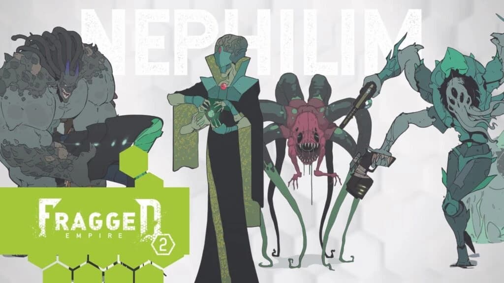Line-up de criaturas Nephilim de Fragged Empire 2, monstros alienígenas tentaculares e humanoides em tons esverdeados.
