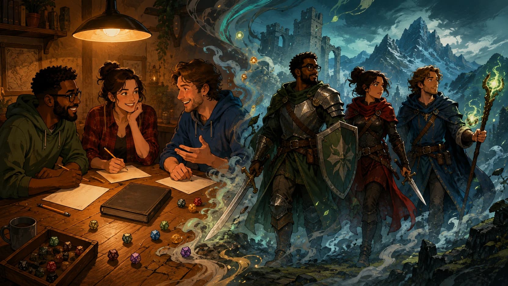 Composição dividida: à esquerda, três amigos conversam à mesa com fichas, dados e um livro sob luz quente; à direita, os mesmos três aparecem como seus personagens, um guerreiro de escudo, uma ladina de capa vermelha e um mago de cajado, numa paisagem de montanhas e ruínas. A fumaça liga os dois lados.