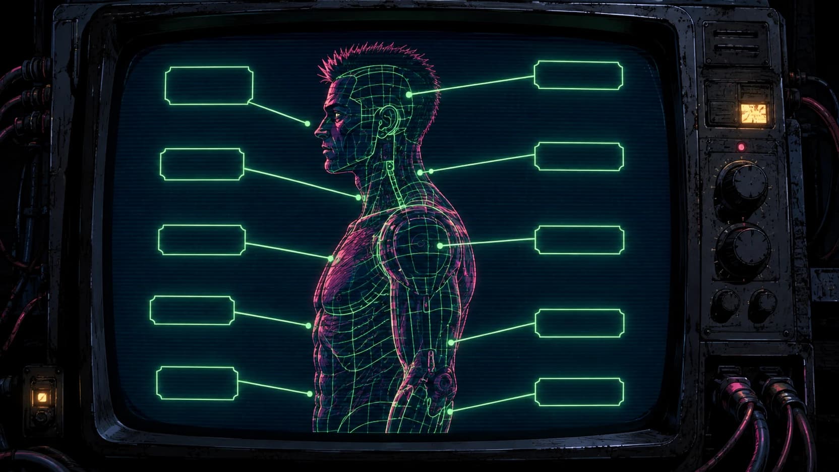 Monitor de tubo antigo mostrando a silhueta de um personagem em wireframe verde e magenta, de perfil, com dez etiquetas vazias ligadas por linhas a pontos do corpo, como uma ficha de diagnóstico.