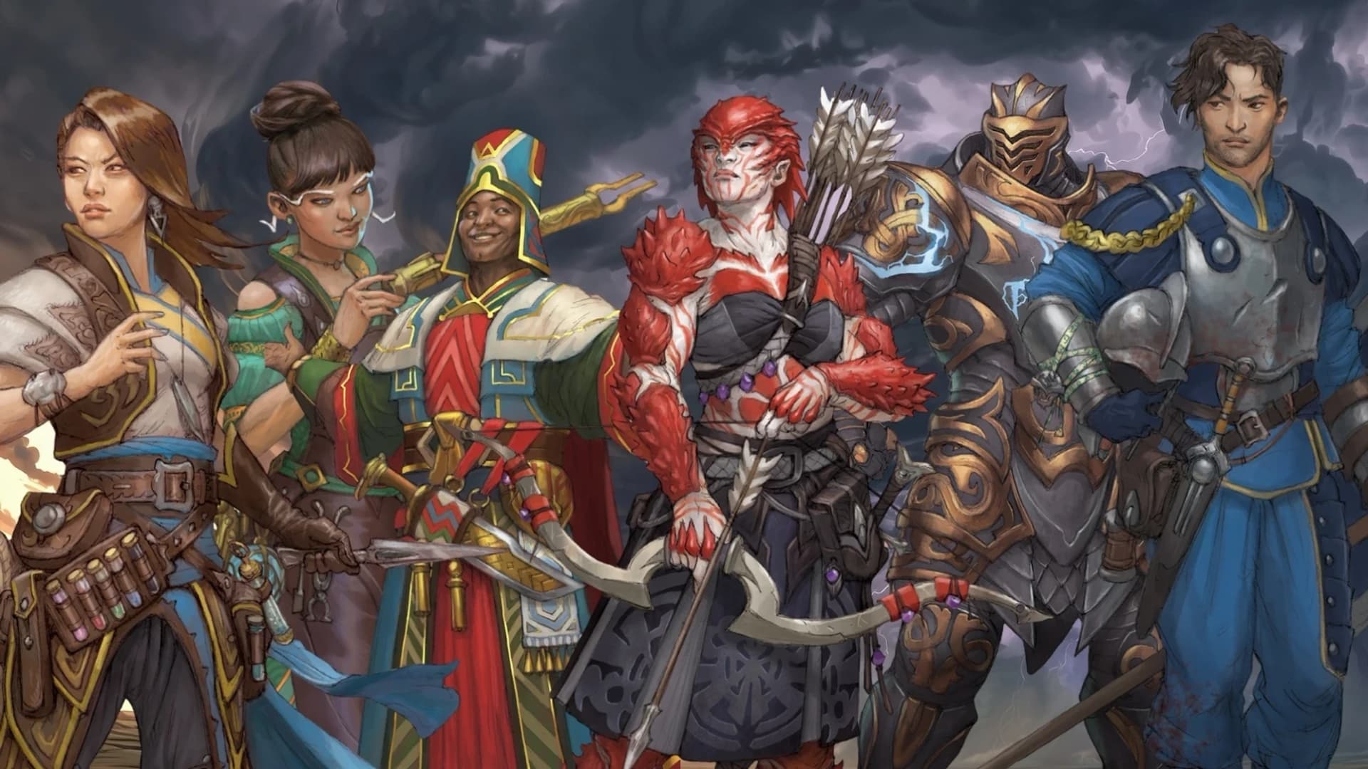 Arte oficial de Cosmere RPG com os seis caminhos heroicos lado a lado sob um céu de tempestade: uma batedora de cinto de frascos, uma estudiosa de vestes verdes, um mensageiro de manto listrado, uma ouvinte de carapaça vermelha com arco e flechas, um cavaleiro de armadura dourada com raios azuis e um duelista de azul com espada na cintura.