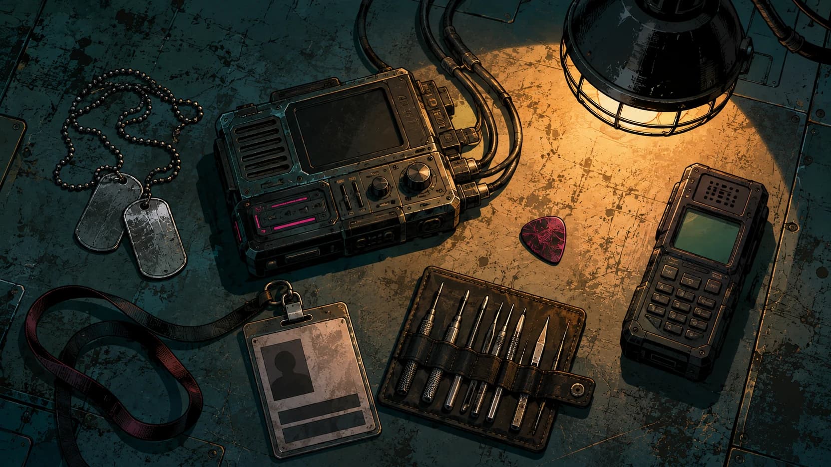 Bancada de metal vista de cima, sob luminária acesa: placas de identificação militar, um deck de hacker com cabos, uma palheta de guitarra, um crachá de imprensa, um estojo aberto de microferramentas e um rádio com teclado.