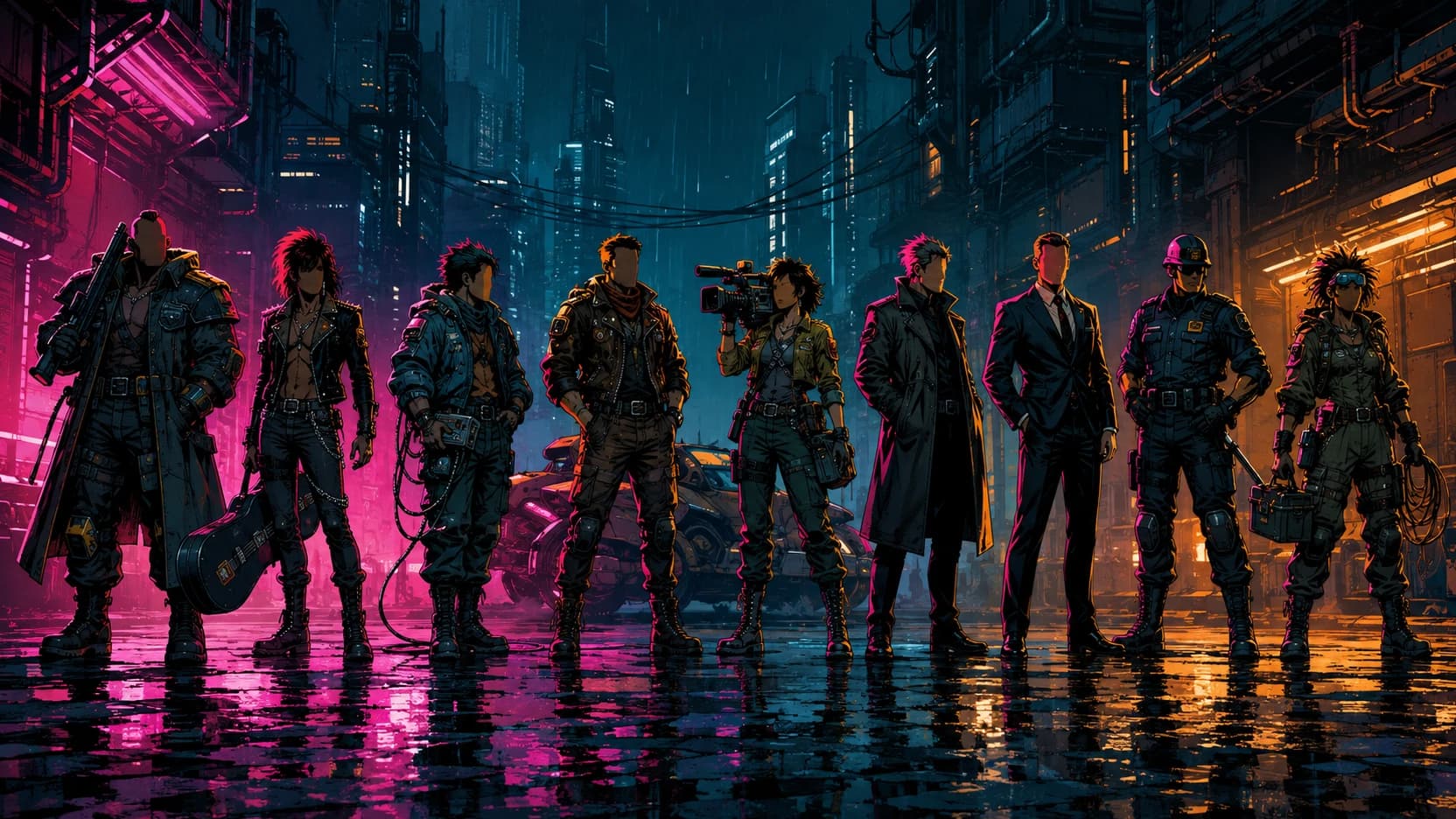 Nove personagens de Cyberpunk 2020 enfileirados numa rua molhada de neon rosa e âmbar: um mercenário armado, um roqueiro com case de guitarra, um netrunner de cabos, um nômade, uma repórter com câmera no ombro, um fixer de sobretudo, um executivo de terno, um policial e uma técnica com maleta de ferramentas.